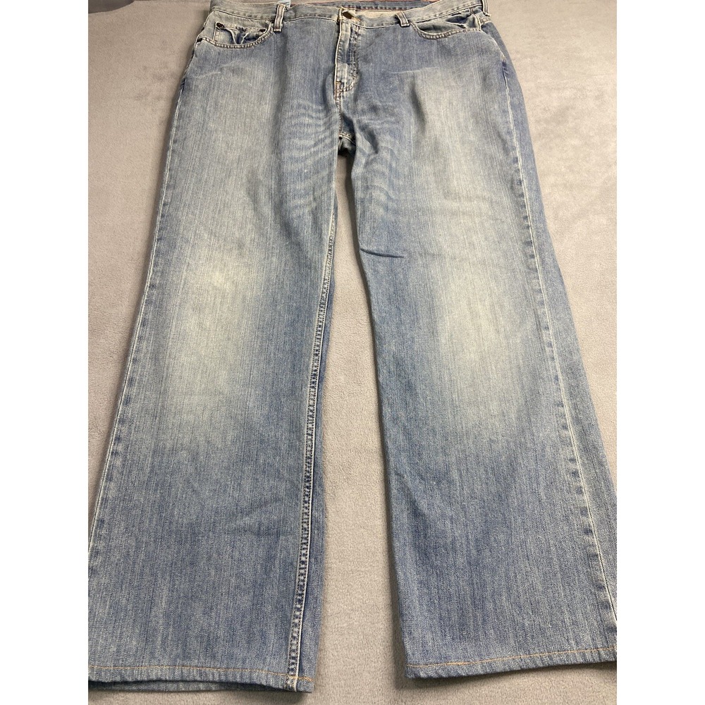 J Peterman Jeans Mens 42X31 Straight Leg Logo Denim Blue Cotton Distress Relaxed